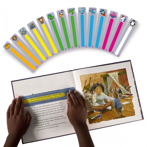 Colorful cartoon page bookmarks set, shown sticking out of an open book