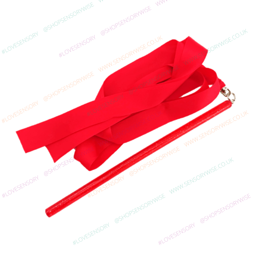 Red glitter ribbon dance wand with folded ribbon tail and sparkly handle