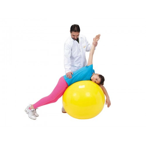 Yellow and blue round physio therapy balls used in assisted stretching