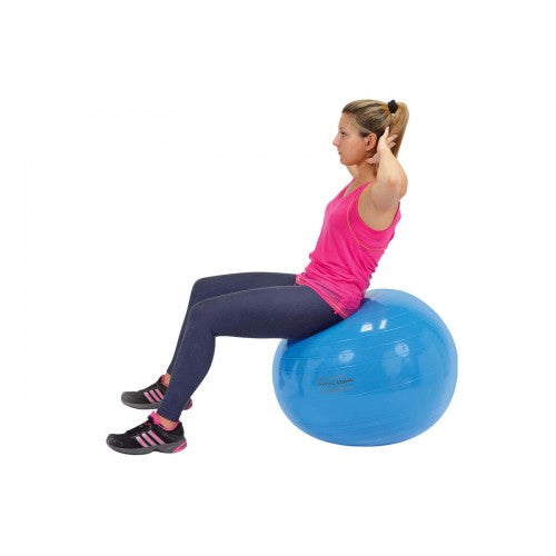Blue round physio therapy ball with person seated for stability exercise