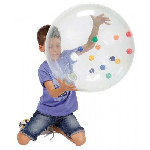 Clear activity therapy ball, 50 cm, transparent with colorful dot graphics.