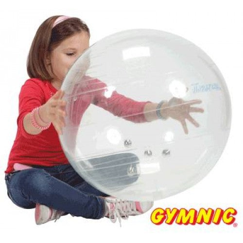 55 cm clear jingle bell therapy ball with internal beads, held by a child