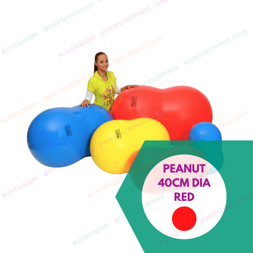 Peanut therapy roller ball, red 40 cm diameter; with blue and yellow balls.