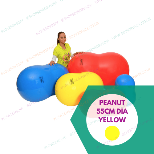 Peanut therapy roller ball, yellow 55 cm diameter; with red and blue balls.