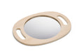 Light wood handheld round mirror with oval glass and finger-grip cutouts on sides