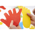 Red and yellow handprint floor markers with raised dots, reusable set