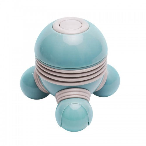 Teal handheld vibrating light-up massager with top button and ribbed grip