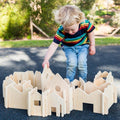 Wooden building set pieces with fence panels for stacking and creating shapes
