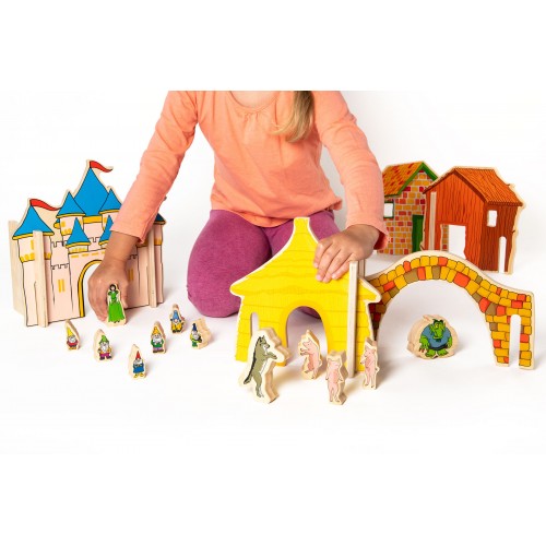 Fairy tale wooden playset with castle walls, arch, and small character figures