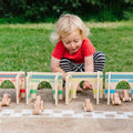 Wooden race track playset with arch supports and small cars, set for toddlers