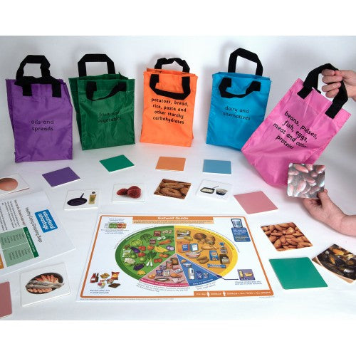 Healthy eating shopping bags game with colorful tote bags and board game pieces