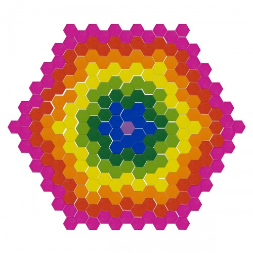 Hexagonal mosaic with concentric hexagon pattern in purple, orange, yellow, green, and blue.