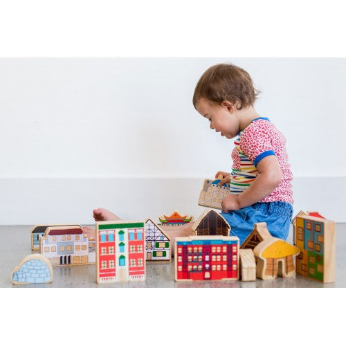 Mini wooden dollhouse set with colorful multi-story homes and roofs, for play