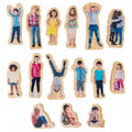 Wooden people emotion cutout set of children in colorful clothing, assorted poses