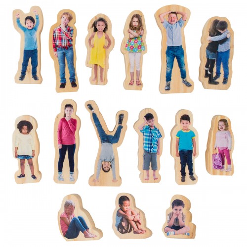 Wooden people emotion cutout set of children in colorful clothing, assorted poses