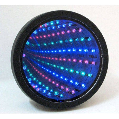Round black infinity mirror light-up toy with colorful LED light pattern display