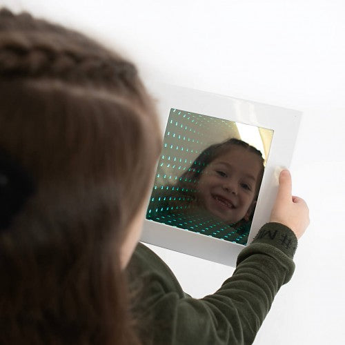 Square white light lamp with green LED dot tunnel and child photo in center