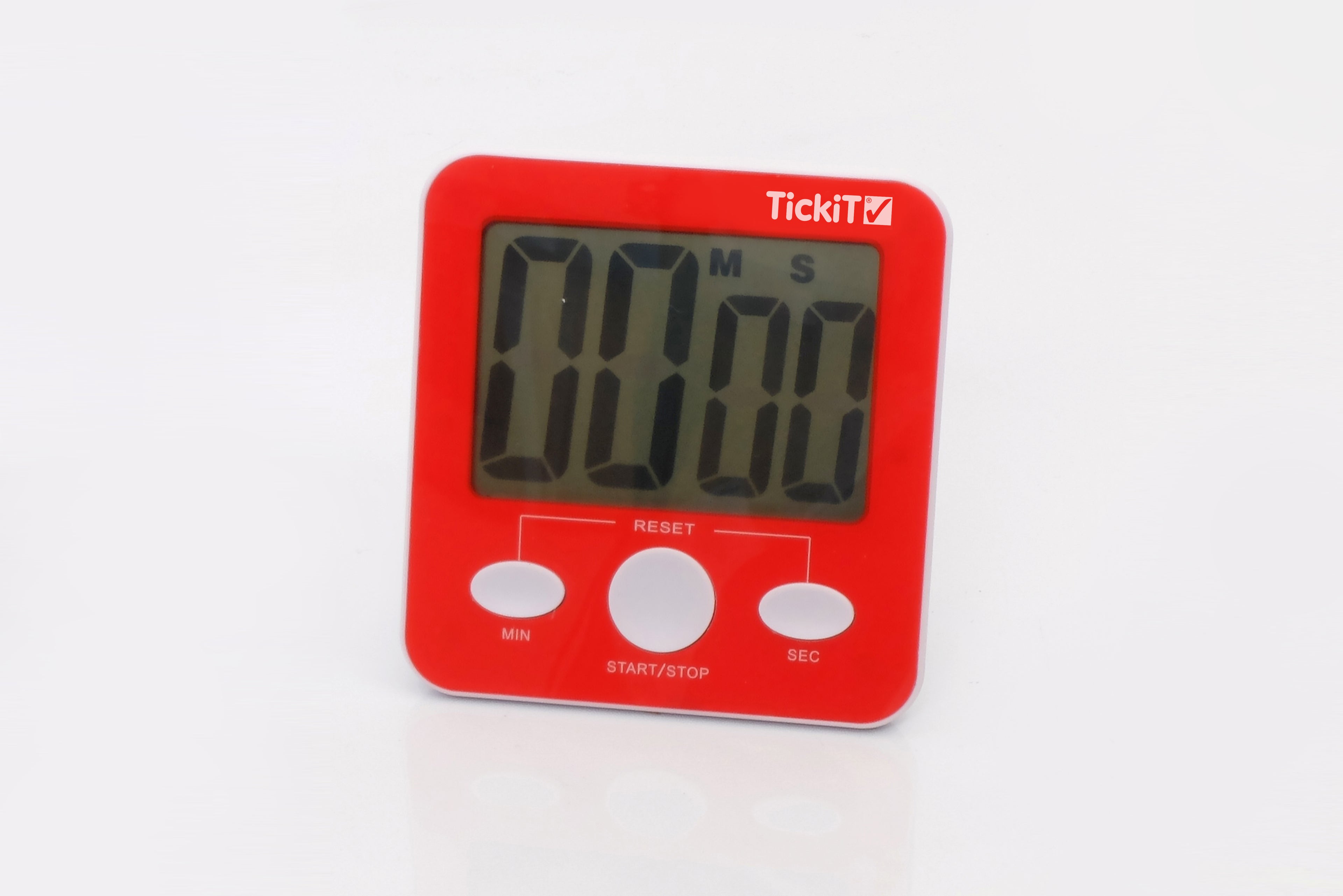 Red digital timer device with large display and TickiT logo on front panel