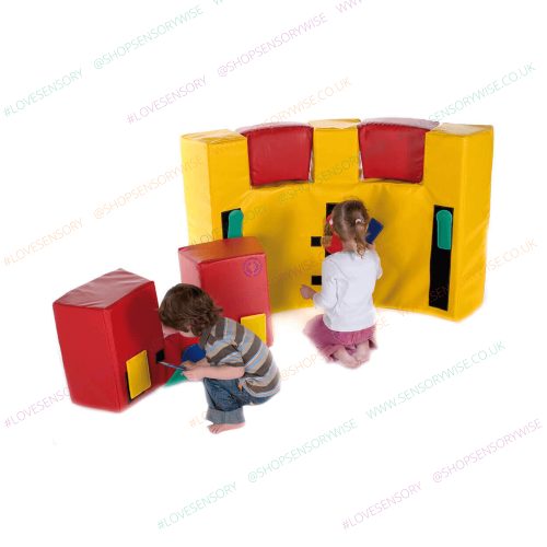 Foam castle walls play set with yellow and red padded blocks, door and side bars