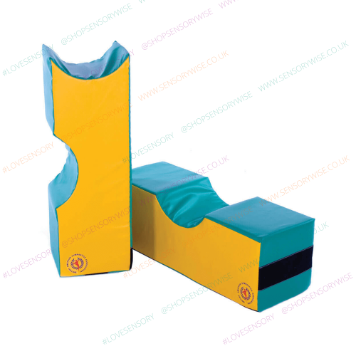 Pair of large foam sensory columns: yellow and teal with curved cutout edges