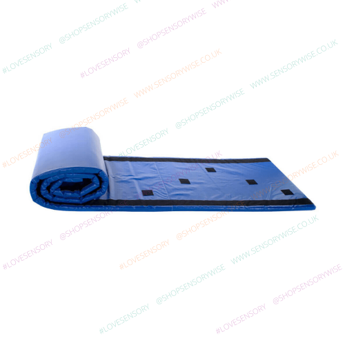 Blue folding play mat with squares, rolled section on left, for kids