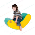 Teal and yellow fabric rocker cushion with printed emblem, curved seat for sitting