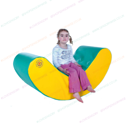 Teal and yellow banana-shaped rocker cushion with curved arms