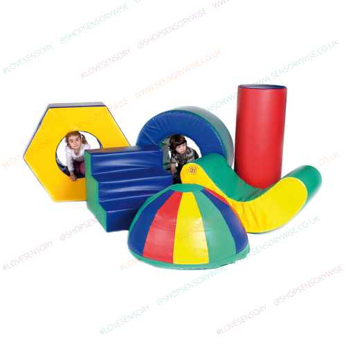 Colorful inflatable play gym set with slide, tunnel, and ball pit panels