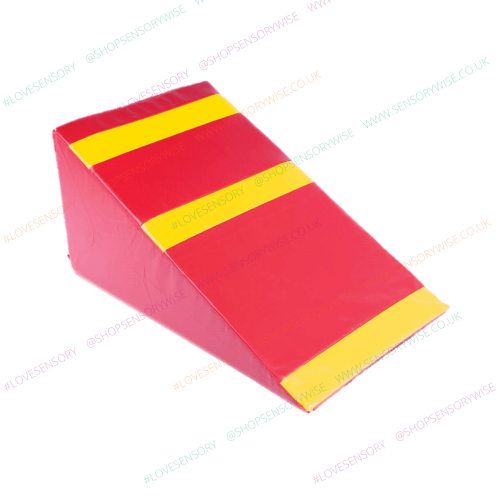 Large sport wedge cushion with red-pink foam and yellow stripe accents