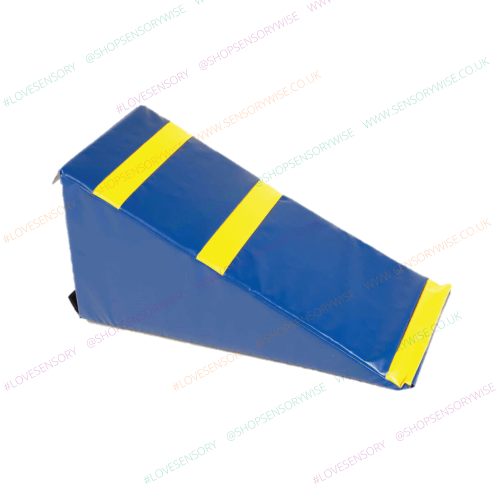 Blue sport wedge cushion with two yellow padded stripes and rounded edges