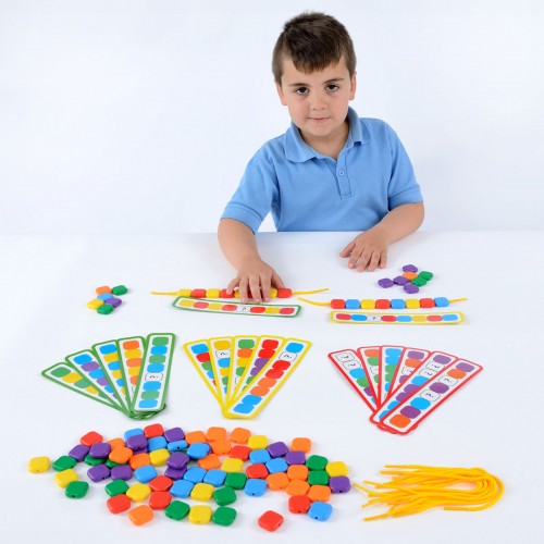 Colorful plastic lacing beads set with string for threading
