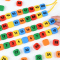 Colorful square number lacing beads set (0–100), printed digits on each tile with holes