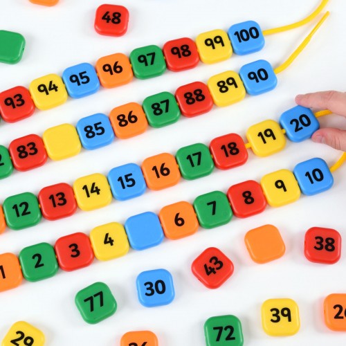 Colorful square number lacing beads set (0–100), printed digits on each tile with holes