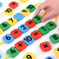 Colorful plastic number beads with math symbols, strung on cord