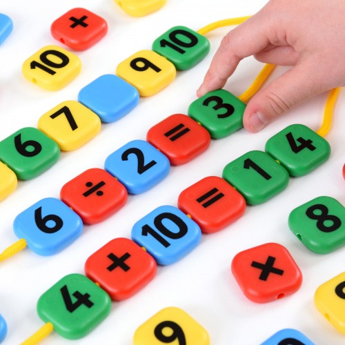 Colorful plastic number beads with math symbols, strung on cord