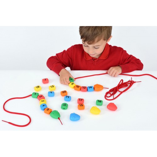 Numbered lacing snake toy with colorful beads and red string for threading
