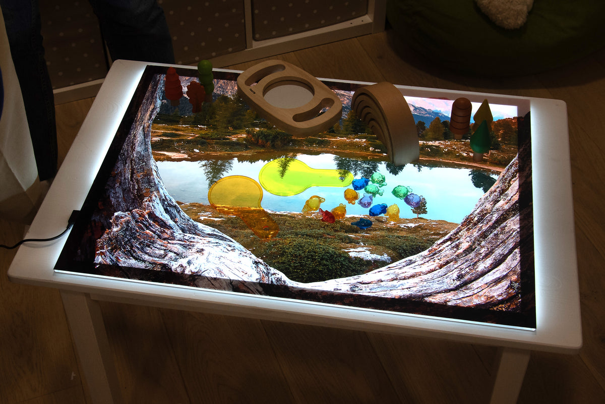 Kids’ play mat with lake scene artwork and toy arch on top