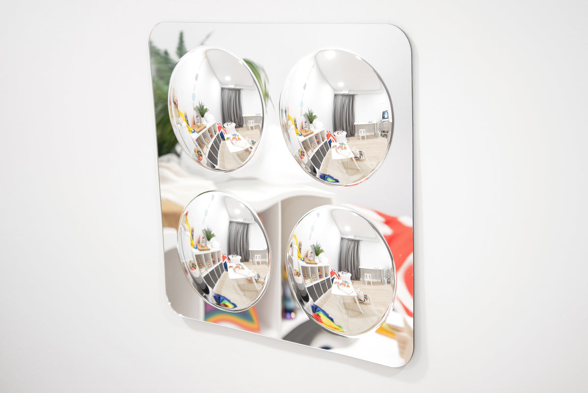 Large 4-dome acrylic mirror panel, four silver convex mirrors in a rounded-square frame