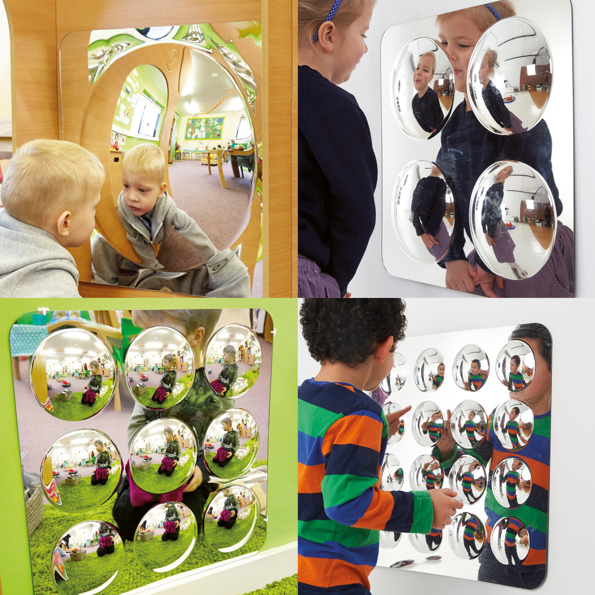 Wall mirror panel set with multiple small dome convex mirrors in a white frame
