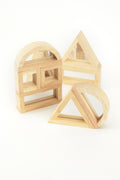 Wooden mirror blocks with arched frames and a triangular piece, laid out