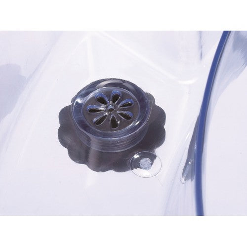 Round clear activity tray with black base and drain cap detail