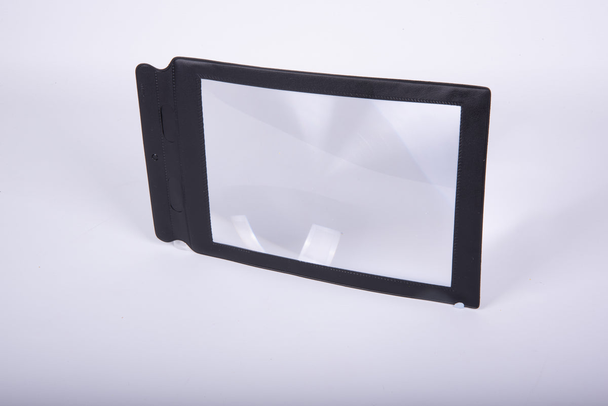 Black rectangular sheet magnifier angled view with transparent lens panel