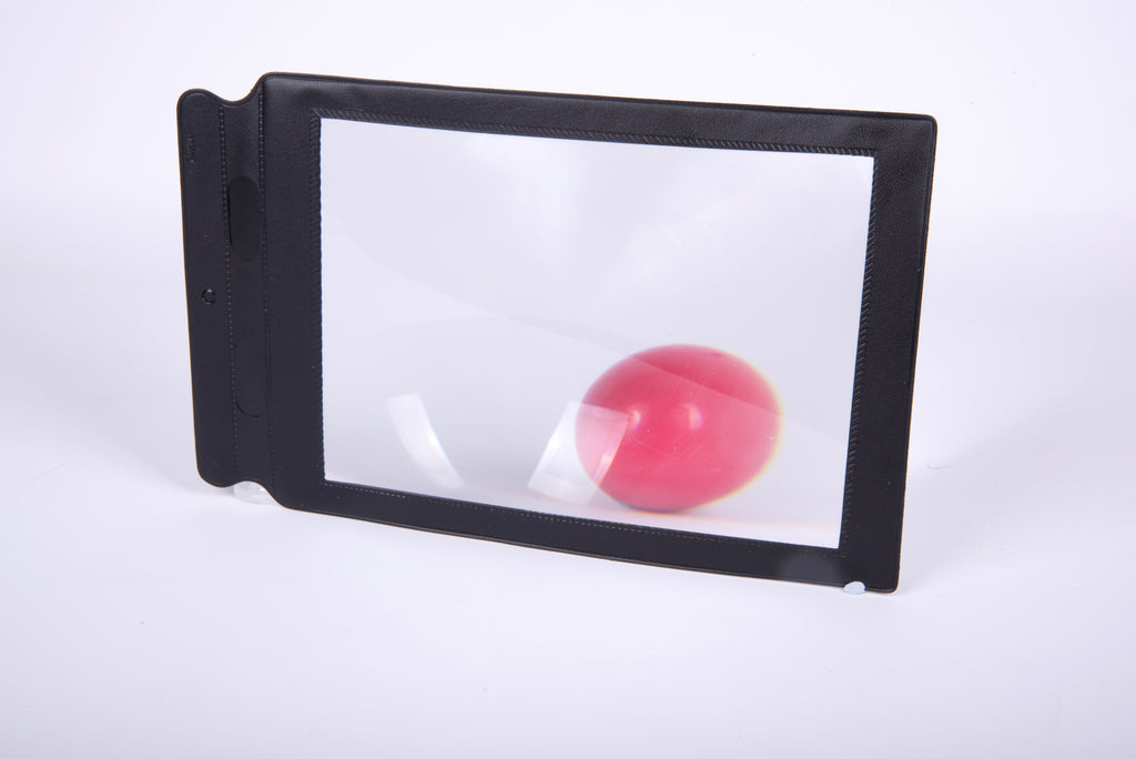 Black rectangular sheet magnifier with a red magnified reflection in the panel
