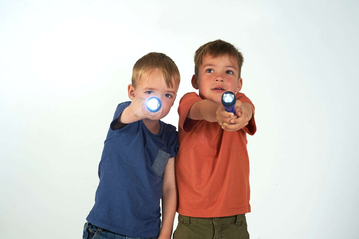 Handheld LED torch with bright white beam, blue body, children pointing it forward