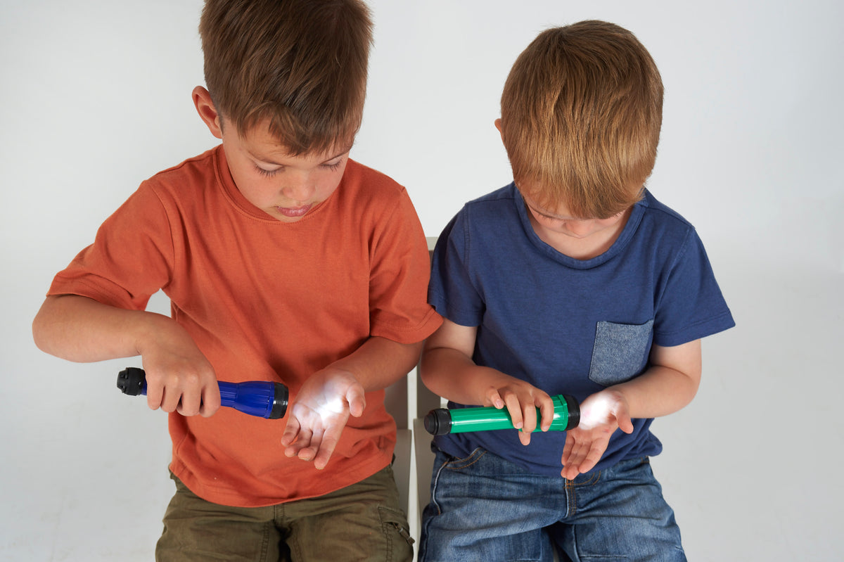 Handheld LED torch with glowing white tip, blue body, child holding it