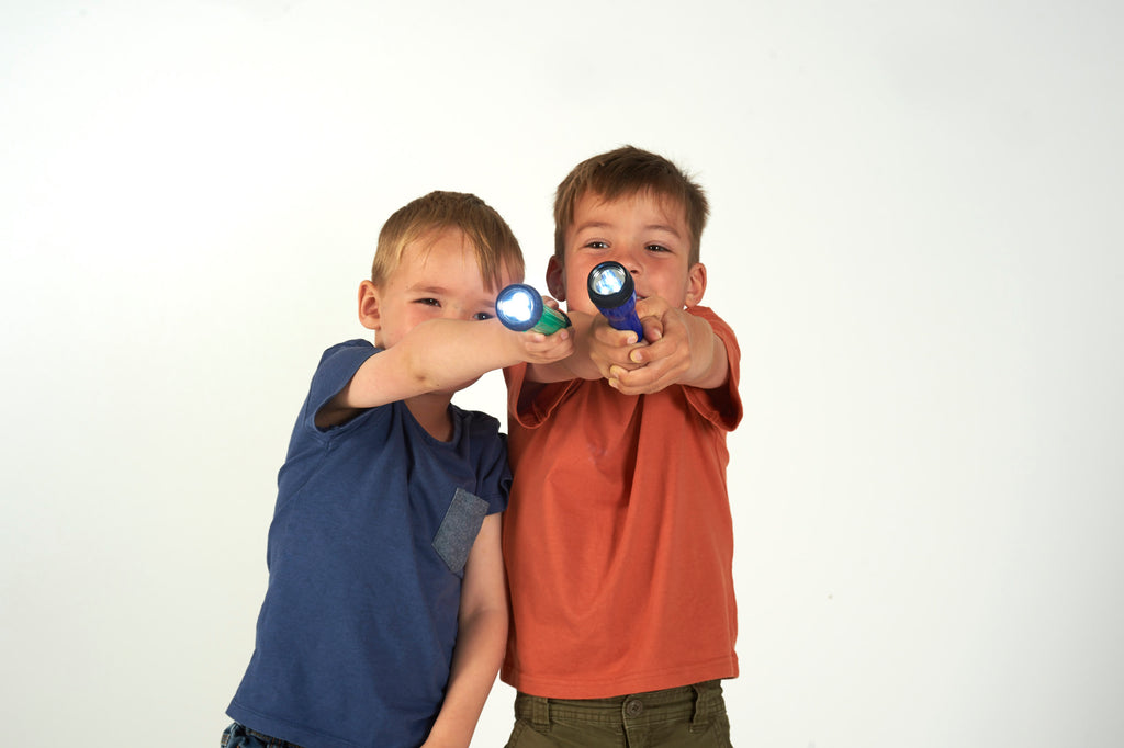 Handheld LED torch, blue body with bright white light, held by two children