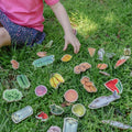 Assorted felt play food pieces, fruit and fish shapes with containers on grass