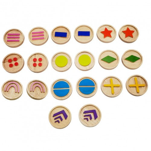 Set of round wooden sensory discs with colored icons, including stripes, stars, and plus