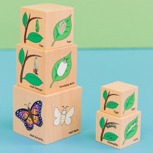 Wooden life cycle block set with butterfly, caterpillar, and leaf illustrations