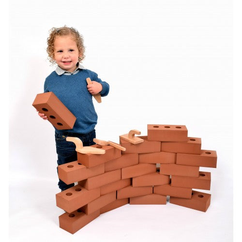 Life-size construction brick set of 25, brown blocks with round holes